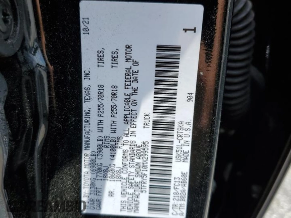 2021 Toyota Tundra SR with VIN 5TFRY5F10MX299595, listed as a Copart auction lot 58428885 with 43,707 mi miles and Salvage title. Bid and sale history available at DreamBid. Image 12.