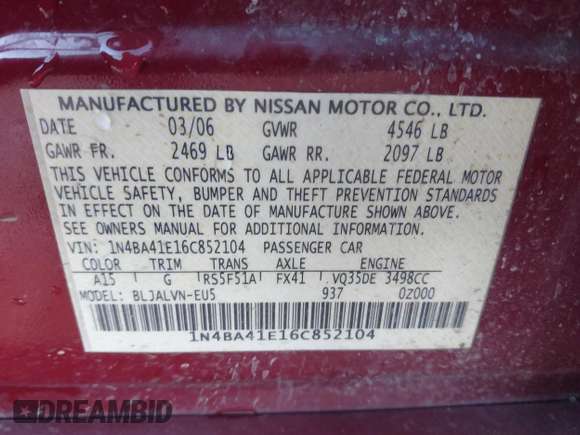 2006 Nissan Maxima 3.5 SE with VIN 1N4BA41E16C852104, listed as a IAAI auction lot 40880548 with 113,850 mi miles. Bid and sale history available at carsss.com. Image 9.