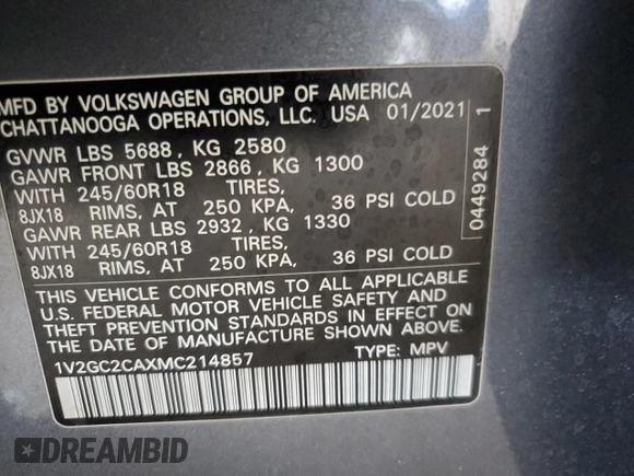 2021 Volkswagen Atlas S with VIN 1V2GC2CAXMC214857, listed as a Copart auction lot 55973985 with 71,313 mi miles and Salvage title. Bid and sale history available at DreamBid. Image 13.