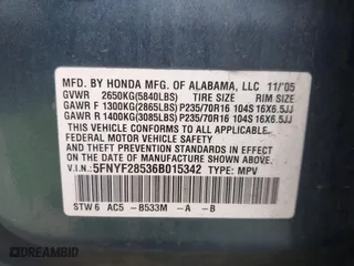2006 Honda Pilot EX-L with VIN 5FNYF28536B015342, listed as a IAAI auction lot 41745176 with 1 mi miles. Bid and sale history available at carsss.com. Image 9.