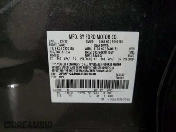 2020 Ford Edge SEL with VIN 2FMPK4J98LBB61630, listed as a Copart auction lot 51987445 with 56,355 mi miles and Salvage Title. Bid and sale history available at DreamBid. Image 13.