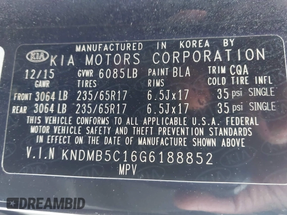 2016 Kia Sedona LX with VIN KNDMB5C16G6188852, listed as a IAAI auction lot 42238208 with 117,045 mi miles and . Bid and sale history available at DreamBid. Image 9.