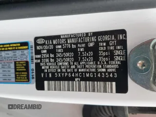 2021 Kia Telluride S with VIN 5XYP64HC1MG143543, listed as a Copart auction lot 58539705 with 90,841 mi miles and Salvage title. Bid and sale history available at DreamBid. Image 12.