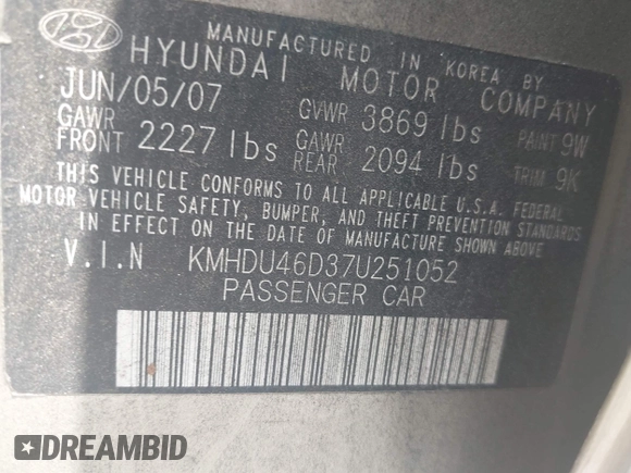 2007 Hyundai Elantra GLS with VIN KMHDU46D37U251052, listed as a IAAI auction lot 42645905 with 171,628 mi miles and . Bid and sale history available at DreamBid. Image 9.