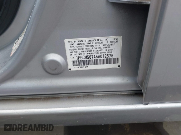 2005 Honda Accord EX with VIN 1HGCM56745A012576, listed as a IAAI auction lot 41888898 with 185,958 mi miles and . Bid and sale history available at DreamBid. Image 9.