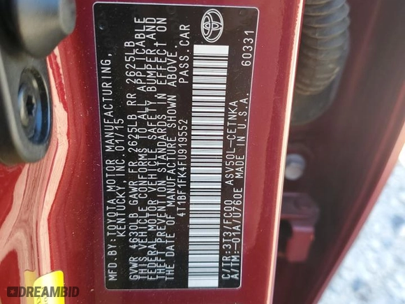 2015 Toyota Camry XLE with VIN 4T1BF1FK4FU919552, listed as a Copart auction lot 41664455 with 148,752 mi miles and Salvage Title. Bid and sale history available at carsss.com. Image 14.
