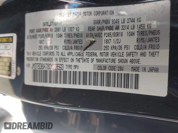 2008 Mazda CX-9 Grand Touring z VIN JM3TB38A780123593, wystawiony jako IAAI lot #41241630 z przebiegiem Nie podano mil oraz . Historia ofert i sprzedaży dostępna na DreamBid. Obrazek 9.