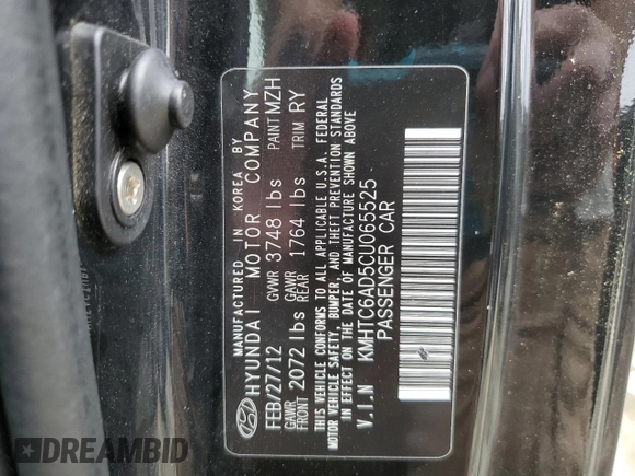 2012 Hyundai Veloster w/Black Int with VIN KMHTC6AD5CU065525, listed as a Copart auction lot 56415785 with 100,151 mi miles and Salvage title. Bid and sale history available at DreamBid. Image 12.