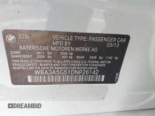 2013 BMW 3 Series 328i with VIN WBA3A5G51DNP26142, listed as a IAAI auction lot 41767977 with 129,440 mi miles. Bid and sale history available at carsss.com. Image 9.