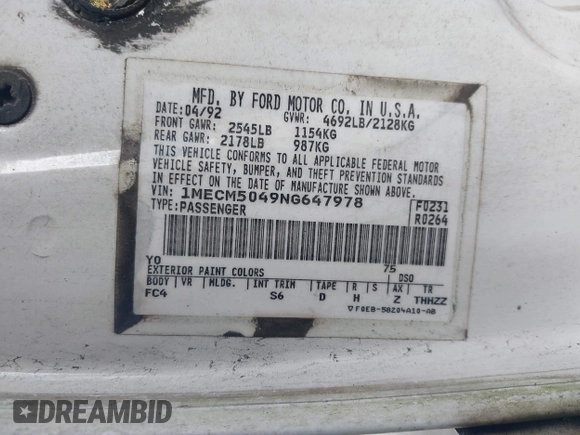 1992 Mercury Sable z VIN 1MECM5049NG647978, wystawiony jako IAAI lot #41805346 z przebiegiem 23 634 mil mil oraz . Historia ofert i sprzedaży dostępna na DreamBid. Obrazek 9.