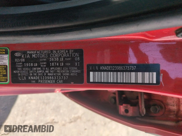 2008 Kia Rio LX with VIN KNADE123986373737, listed as a Copart auction lot 53919515 with 148,743 mi miles and Salvage Title. Bid and sale history available at DreamBid. Image 12.