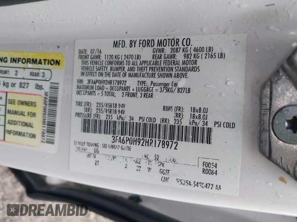 2017 Ford Fusion SE with VIN 3FA6P0H92HR178972, listed as a IAAI auction lot 42243949 with 157,544 mi miles and . Bid and sale history available at DreamBid. Image 9.