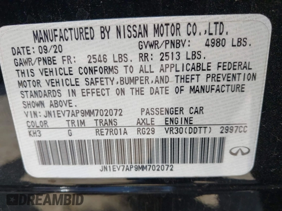 2021 Infiniti Q50 Pure with VIN JN1EV7AP9MM702072, listed as a IAAI auction lot 42232189 with 93,550 mi miles and . Bid and sale history available at DreamBid. Image 9.