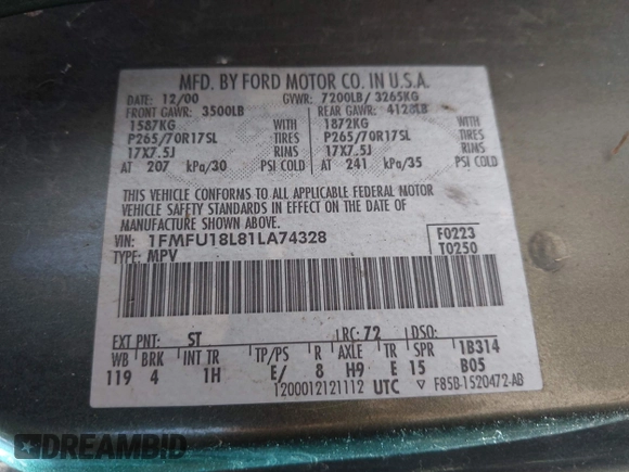 2001 Ford Expedition Eddie Bauer с VIN 1FMFU18L81LA74328, выставлен на аукционе IAAI как лот 42200577 с пробегом 152 630 миль миль и . История ставок и продаж доступна на DreamBid. Изображение 9.