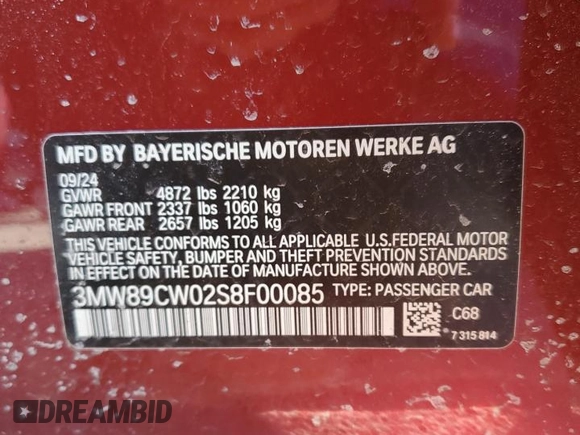 2025 BMW 3 Series 330i xDrive with VIN 3MW89CW02S8F00085, listed as a Copart auction lot 49336765 with 0 mi miles and Salvage Title. Bid and sale history available at carsss.com. Image 12.
