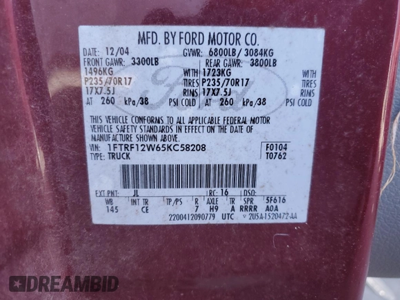 2005 Ford F-150 XL with VIN 1FTRF12W65KC58208, listed as a Copart auction lot 82281114 with 129,774 mi miles and Salvage title. Bid and sale history available at DreamBid. Image 12.
