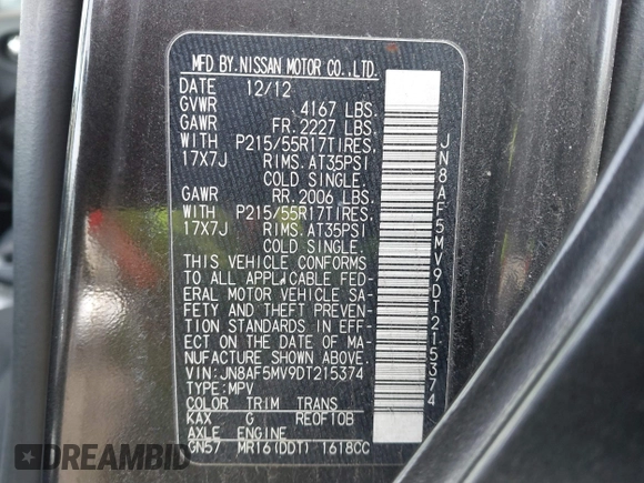 2013 Nissan Juke SL z VIN JN8AF5MV9DT215374, wystawiony jako IAAI lot #41636963 z przebiegiem Nie podano mil oraz . Historia ofert i sprzedaży dostępna na DreamBid. Obrazek 9.