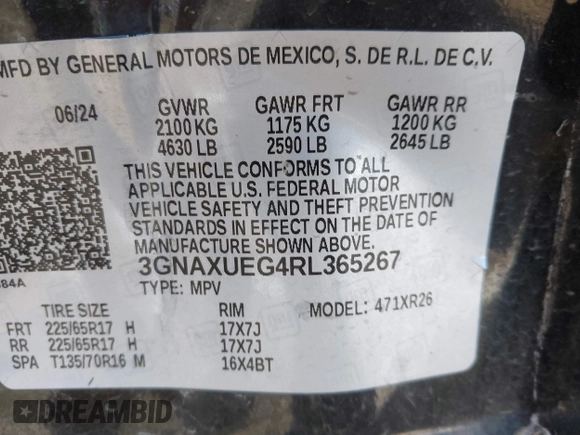 2024 Chevrolet Equinox LT with VIN 3GNAXUEG4RL365267, listed as a IAAI auction lot 42599014 with 22,967 mi miles and . Bid and sale history available at DreamBid. Image 9.