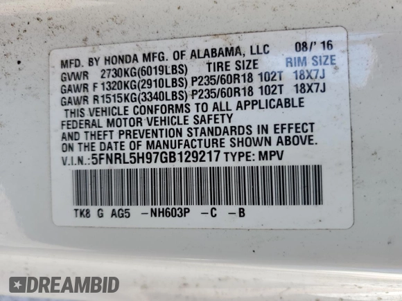 2016 Honda Odyssey Touring Elite with VIN 5FNRL5H97GB129217, listed as a Copart auction lot 52177765 with 138,045 mi miles and Salvage Title. Bid and sale history available at DreamBid. Image 13.