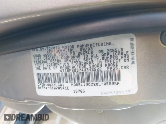 2004 Toyota Avalon XL with VIN 4T1BF28B74U343522, listed as a IAAI auction lot 41823601 with 146,181 mi miles and . Bid and sale history available at DreamBid. Image 9.