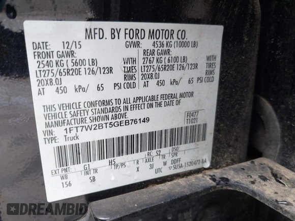 2016 Ford F-250 Lariat with VIN 1FT7W2BT5GEB76149, listed as a IAAI auction lot 42514507 with Not provided miles and . Bid and sale history available at DreamBid. Image 9.