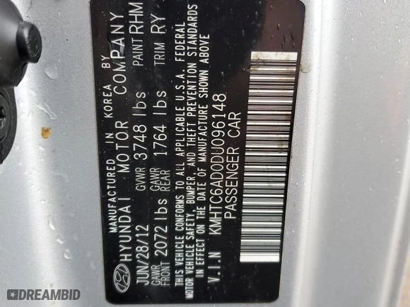 2013 Hyundai Veloster w/Black Int with VIN KMHTC6AD0DU096148, listed as a Copart auction lot 46505715 with 105,168 mi miles and Salvage Title. Bid and sale history available at carsss.com. Image 12.