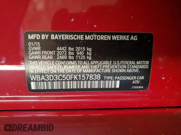 2015 BMW 3 Series 328d with VIN WBA3D3C50FK157838, listed as a Copart auction lot 82547024 with 83,216 mi miles and Salvage title. Bid and sale history available at DreamBid. Image 12.