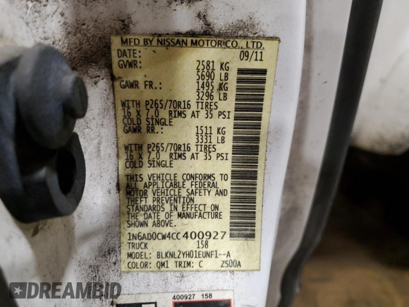 2012 Nissan Frontier SV with VIN 1N6AD0CW4CC400927, listed as a Copart auction lot 81705974 with 138,876 mi miles and Salvage title. Bid and sale history available at DreamBid. Image 13.