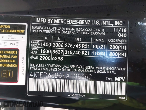 2019 Mercedes-Benz GLE 43 AMG with VIN 4JGED6EB6KA138562, listed as a IAAI auction lot 41808953 with 31,107 mi miles and . Bid and sale history available at DreamBid. Image 9.