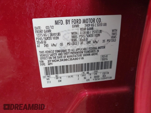 2012 Ford Edge Limited with VIN 2FMDK3K96CBA90116, listed as a IAAI auction lot 41909170 with 210,333 mi miles. Bid and sale history available at carsss.com. Image 9.