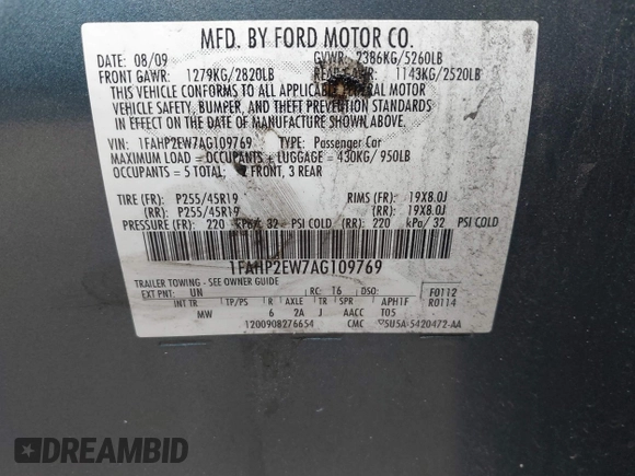 2010 Ford Taurus SEL with VIN 1FAHP2EW7AG109769, listed as a IAAI auction lot 41664835 with 162,140 mi miles and . Bid and sale history available at carsss.com. Image 9.