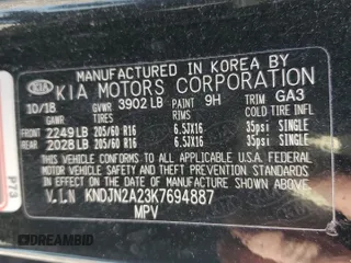 2019 Kia Soul z VIN KNDJN2A23K7694887, wystawiony jako Copart lot #49409285 z przebiegiem Nie podano mil oraz Szkoda całkowita • Salvage title. Historia ofert i sprzedaży dostępna na DreamBid. Obrazek 14.