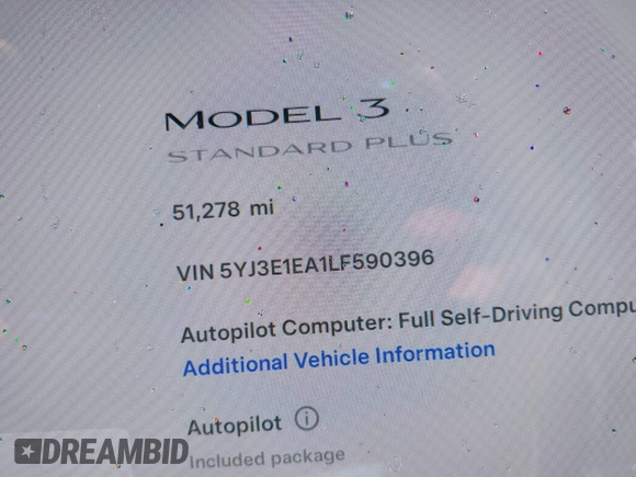 2020 Tesla Model 3 Standard Range Plus with VIN 5YJ3E1EA1LF590396, listed as a IAAI auction lot 41868089 with 51,278 mi miles. Bid and sale history available at carsss.com. Image 15.