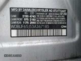 2003 Mercedes-Benz E 320 with VIN WDBUF65J53A367185, listed as a Copart auction lot 41401485 with 138,016 mi miles and Salvage Title. Bid and sale history available at carsss.com. Image 12.