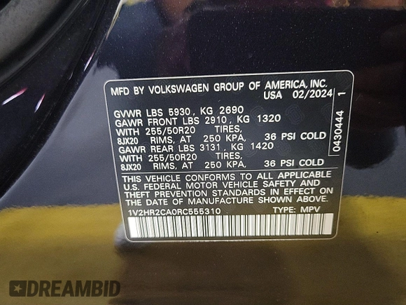 2024 Volkswagen Atlas SE with VIN 1V2HR2CA0RC555310, listed as a IAAI auction lot 42726962 with 18,978 mi miles and . Bid and sale history available at DreamBid. Image 6.