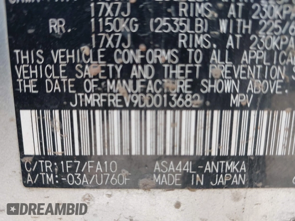 2013 Toyota RAV4 XLE with VIN JTMRFREV9DD013682, listed as a IAAI auction lot 42142414 with 202,680 mi miles. Bid and sale history available at carsss.com. Image 9.