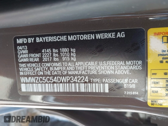 2013 MINI Countryman S ALL4 with VIN WMWZC5C54DWP34224, listed as a IAAI auction lot 42141400 with 33,307 mi miles and . Bid and sale history available at DreamBid. Image 9.