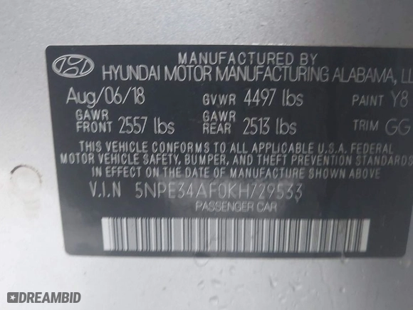 2019 Hyundai Sonata Sport with VIN 5NPE34AF0KH729533, listed as a IAAI auction lot 41903710 with 46,352 mi miles. Bid and sale history available at carsss.com. Image 9.