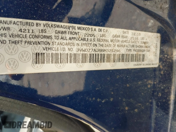 2011 Volkswagen Jetta SE с VIN 3VWDZ7AJ9BM325296, выставлен на аукционе IAAI как лот 42396817 с пробегом Не указан миль и . История ставок и продаж доступна на DreamBid. Изображение 9.
