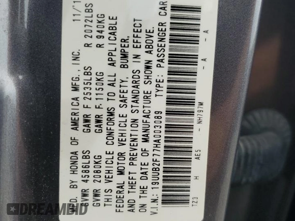 2017 Acura TLX V6 w/Advance Pkg with VIN 19UUB2F77HA003089, listed as a Copart auction lot 58361105 with 67,392 mi miles and Salvage title. Bid and sale history available at DreamBid. Image 13.