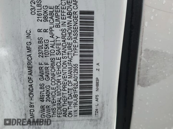 2020 Acura TLX w/A-Spec Pkg with VIN 19UUB1F62LA012955, listed as a Copart auction lot 49306725 with 54,003 mi miles and Salvage title. Bid and sale history available at DreamBid. Image 14.