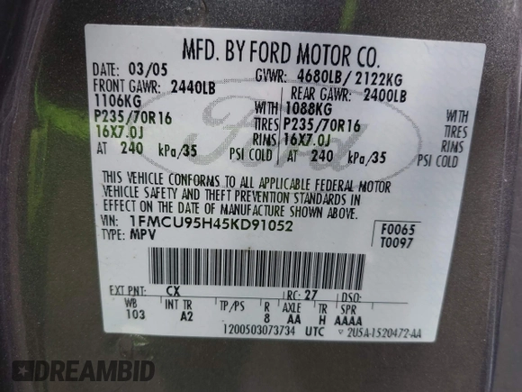 2005 Ford Escape Hybrid with VIN 1FMCU95H45KD91052, listed as a IAAI auction lot 42200393 with 304,817 mi miles and . Bid and sale history available at DreamBid. Image 9.