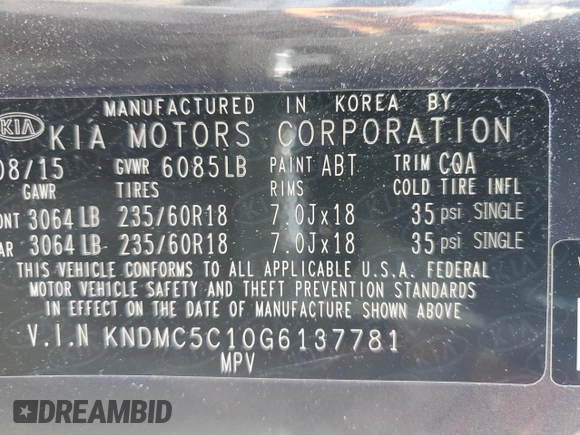 2016 Kia Sedona SX with VIN KNDMC5C10G6137781, listed as a Copart auction lot 72369314 with 36,808 mi miles and Salvage Title. Bid and sale history available at carsss.com. Image 13.