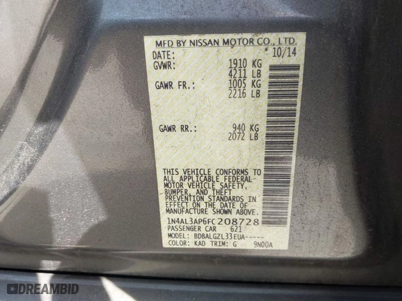 2015 Nissan Altima 2.5 S with VIN 1N4AL3AP6FC208728, listed as a IAAI auction lot 41759144 with 153,950 mi miles. Bid and sale history available at carsss.com. Image 9.