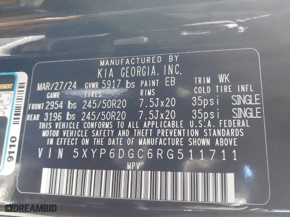 2024 Kia Telluride S with VIN 5XYP6DGC6RG511711, listed as a IAAI auction lot 41550210 with 13,003 mi miles. Bid and sale history available at carsss.com. Image 9.