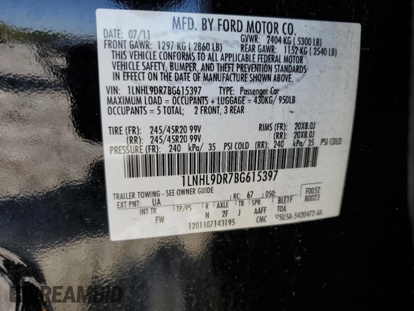 2011 Lincoln MKS with VIN 1LNHL9DR7BG615397, listed as a Copart auction lot 52047015 with 111,720 mi miles and Salvage Title. Bid and sale history available at DreamBid. Image 13.