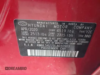 2020 Hyundai Sonata Hybrid Limited with VIN KMHL54JJ3LA010903, listed as a IAAI auction lot 41868242 with 3,138 mi miles. Bid and sale history available at carsss.com. Image 9.