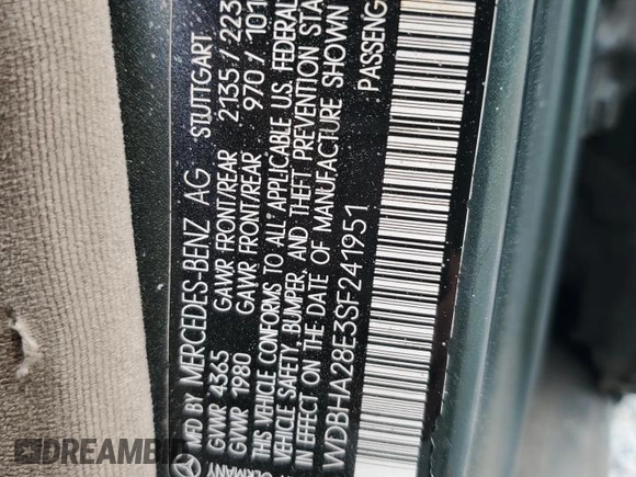1995 Mercedes-Benz C 230/260/280/320 with VIN WDBHA28E3SF241951, listed as a Copart auction lot 50332845 with 236,068 mi miles and Salvage title. Bid and sale history available at DreamBid. Image 12.