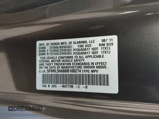 2011 Honda Odyssey EX-L with VIN 5FNRL5H68BB100274, listed as a IAAI auction lot 42159787 with 205,616 mi miles and . Bid and sale history available at carsss.com. Image 9.