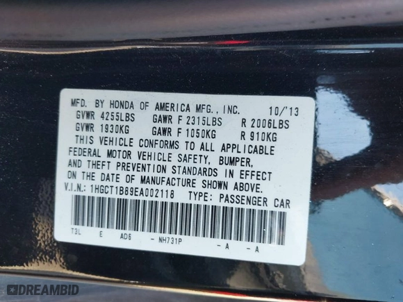 2014 Honda Accord Coupe EX-L with VIN 1HGCT1B89EA002118, listed as a IAAI auction lot 41913010 with 182,404 mi miles. Bid and sale history available at carsss.com. Image 9.